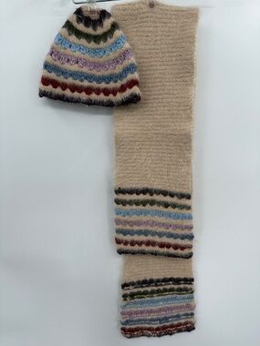 Express Beige Knit Scarf and Beanie Set with Multicolor Stripes One Size Angora